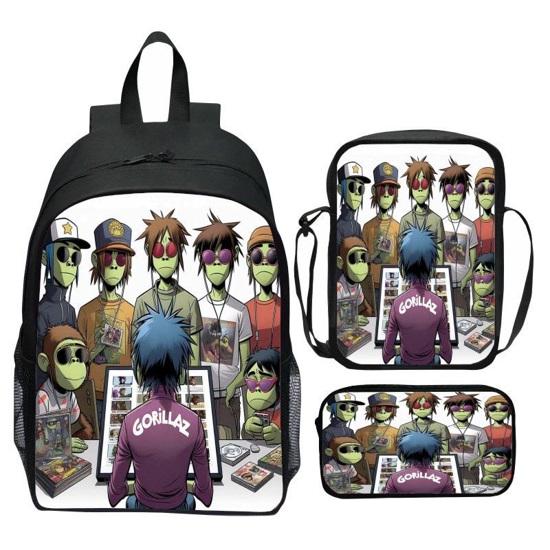 Gorillaz UK Virtual Band Printed Cartoon Backpack 3-Piece Set School Bag Lightweight Large Capacity