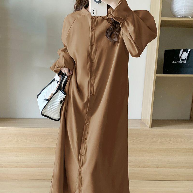 

Korean Style Hong Kong Style Literary Style Stand Collar Single Breasted Loose and Idle Casual Front and Back Wearable Puffed Sleeves Shirt Dress Brown Free size