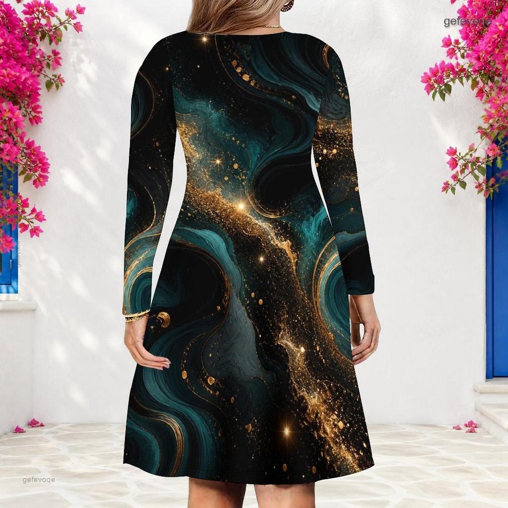 Women Plus Size V Neck Long Sleeve Abstract Swirl Printed A Line Dress