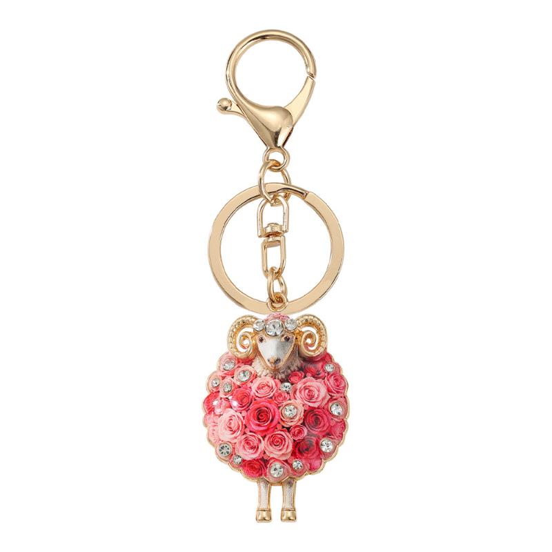 Rhinestone Rose Sheep Keychain With Shiny Crystals Great As Bag Pendant Key Holder Gift