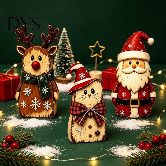 Small Christmas Shelf Sitters Wooden Tabletop Figurine, Hand Painted Santa Reindeer Cat Decor, Rustic Decorative Mantel Pieces Wood Holiday