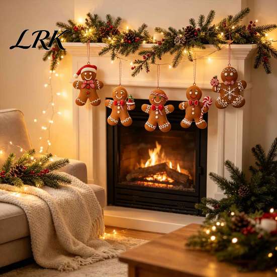 Christmas Fireplace Ornament Set Gingerbread Man Wooden Ornaments, Cute Xmas Tree Vintage Style Holiday Favors Hanging Decoration for Party