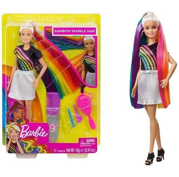 Barbie-Puppe Glänzende Regenbogenhaare + Zubehör FXN96