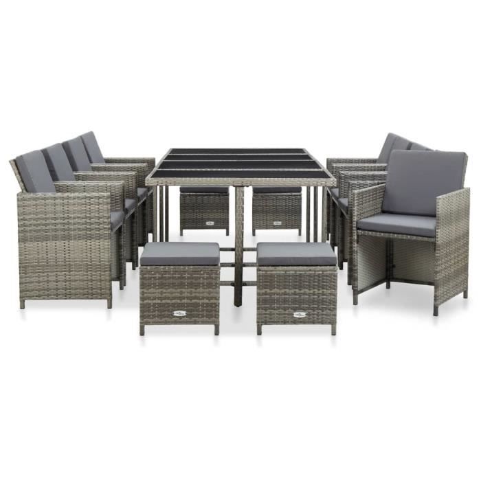 Mobilier de jardin - VIDAXL - Ensemble 13pcs - Résine tressée grise - 8 chaises - 20 coussins