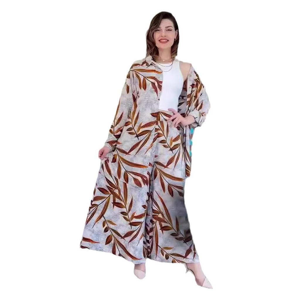 2026 Amazon Europe and the United States summer new fashion printed cardigan wide-leg pants trousers set cross-border hot-selling fashion