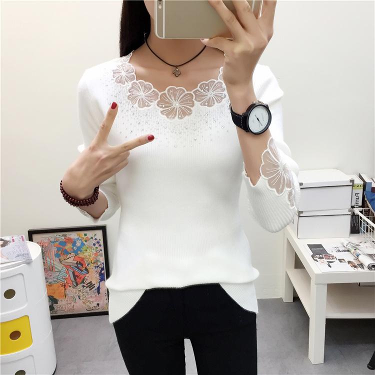 Women's Loose Fitting Long Sleeved Embroidered Round Neck Knitted Lace Hollow Sexy Base Sweater Knitted Sweater
