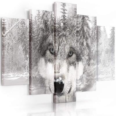 Five Piece Picture Canvas Print Wolf Forest Animal Grey