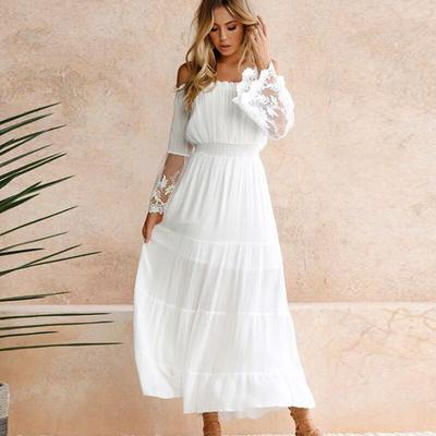 Off Shoulder Mesh Lace White Dress Women Casual Robes Elegant Sexy Summer Dress Woman Slash Neck Party Long Sleeve Dress 24830