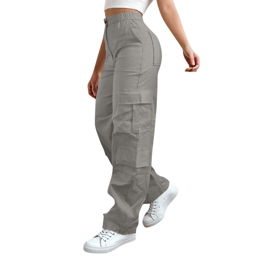 Womens Elastic High Waisted Cargo Pants Stretch Casual Wide Leg Streetwear Parachute Hiking Pants With Pockets