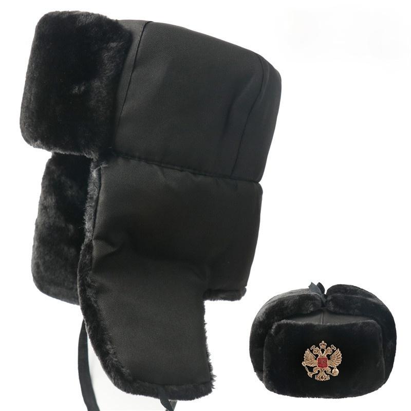 2020Army Military Badge  Bomber Hats Pilot Trapper Trooper Hat Winter Faux Fur Earflap Men Snow Hat