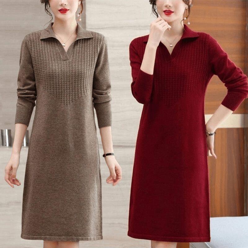 Solid Color Mid-length Knitted Dress for Women Casual Knitted Knitted Sweater Dress for Autumn and Winter Pullover