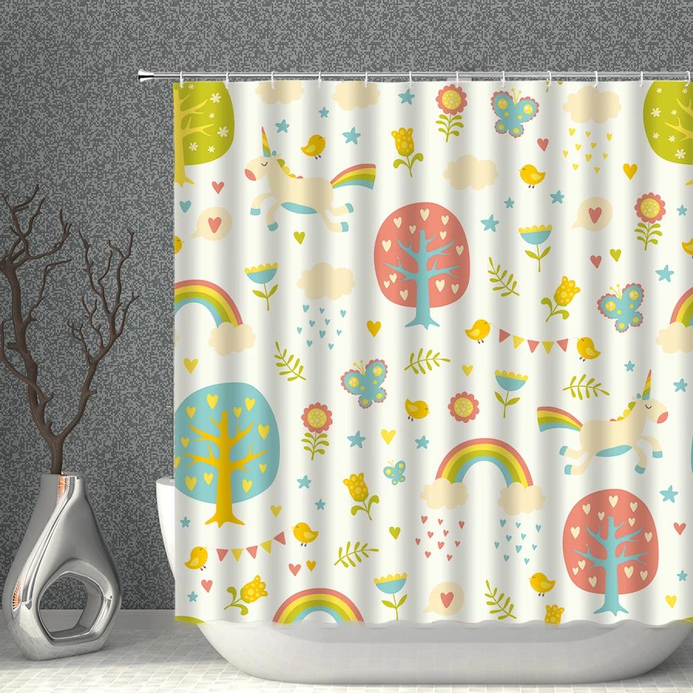 Cartoon Beige Shower Curtain Waterproof Cloth Colour Animal Butterfly White Print Bath Curtains Child Girl Bathroom Screen Set