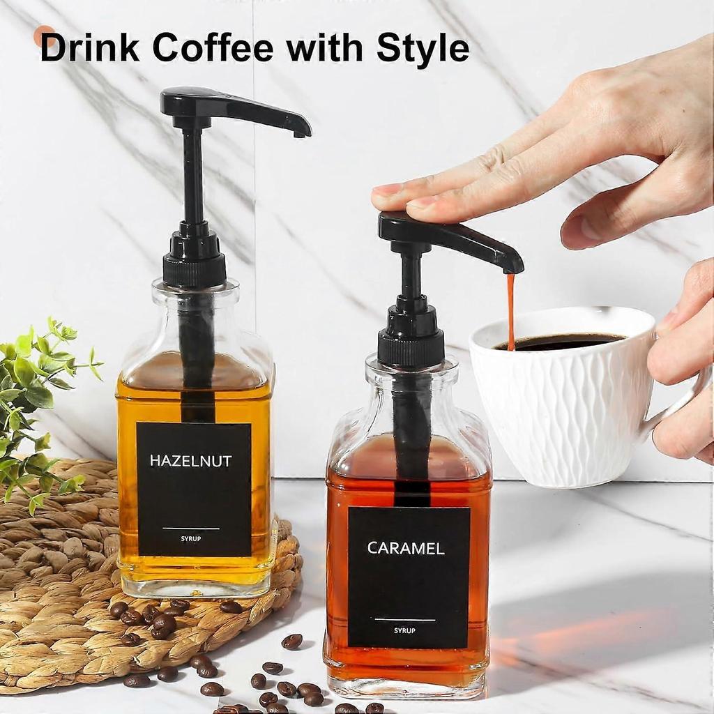 Coffee Syrup Dispenser with Large Capacity Pump, 16.9oz Glass Bottles with Waterproof Labels, 2 Pack Black