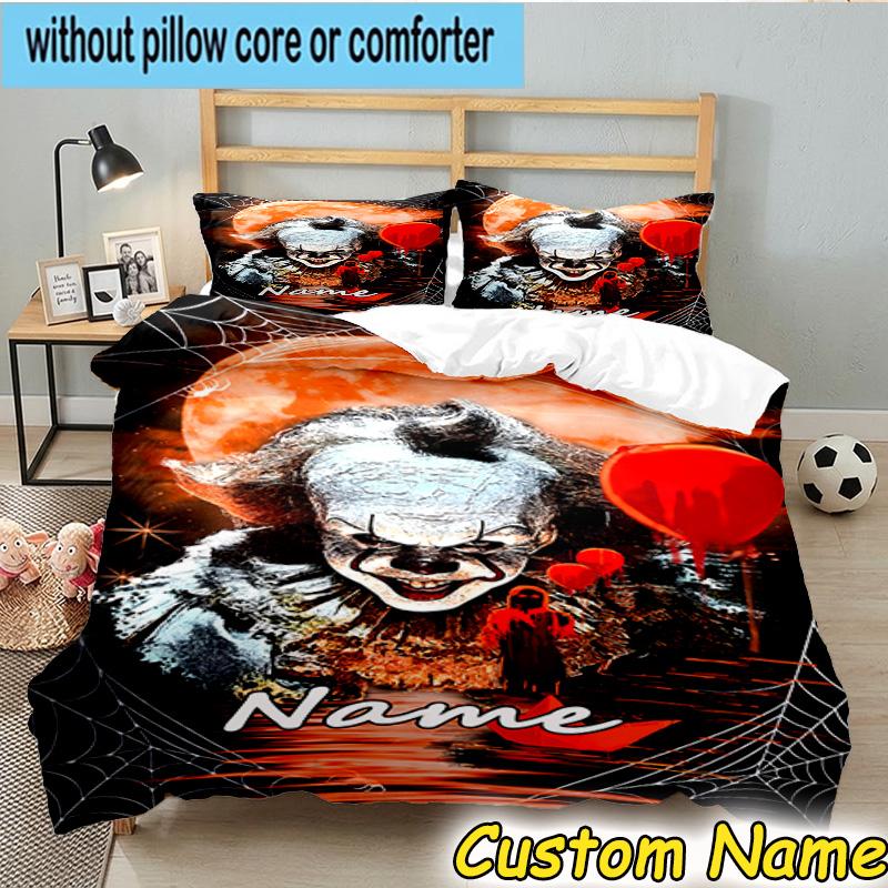 3PCS Custom Name Clown Horror Bedding Set, Bedding Set Including 1pc Duvet Cover And 2pcs Pillowcases for Bedroom,Dormitory Gift