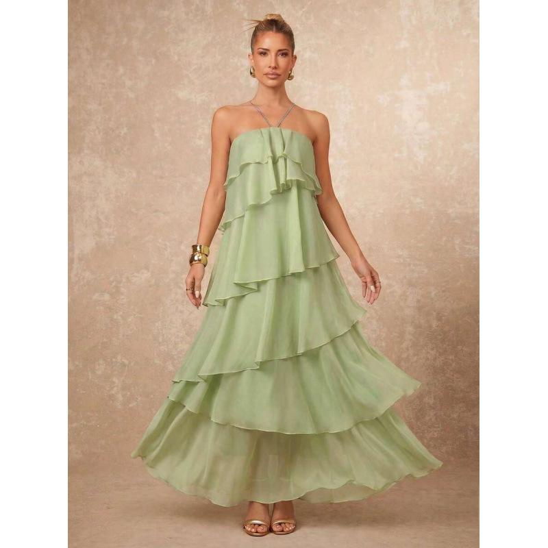 tube top multi-layer irregular ruffle edge elegant chiffon loose neck sleeveless long dress XS