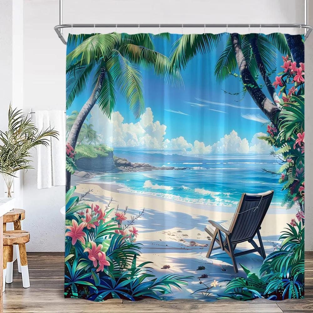 Beach Shower Curtain Seaside Landscape Coconut Tree Sea Summer Vacation Bathroom Decor Holiday Polyester Bath Curtain with Hook