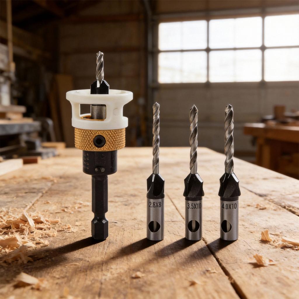 Set Of 4 Adjustable Countersink Drill Bits With Depth Stop For Woodwork