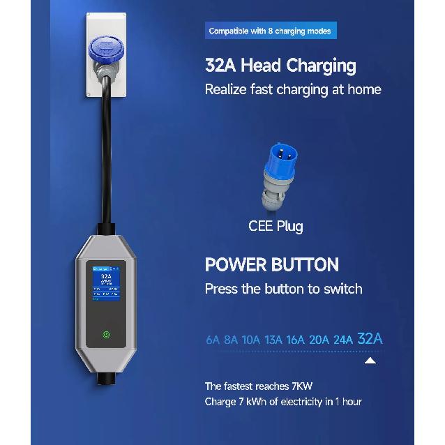 Portable EV Charger 7KW Fast Charging Cable Type2 IEC62196-2 32A with CEE Plug Type1 J1772 WiFi APP Bluetooth Remote Control
