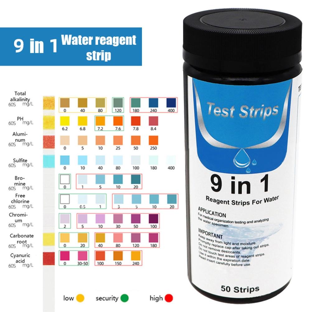 9 in 1 Portable Pool Water Test Strips 50 Domestic Water Purity Fast Test Strips for Drinking