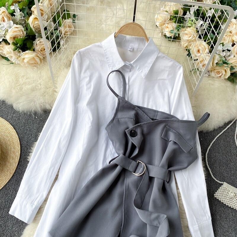 Shirt Dress 2 Pieces Set for Women Long Sleeve White Top and Long Sling  Casual Korean Fashion Dresses Sets Black Gray  buy at low prices in the  Joom online store