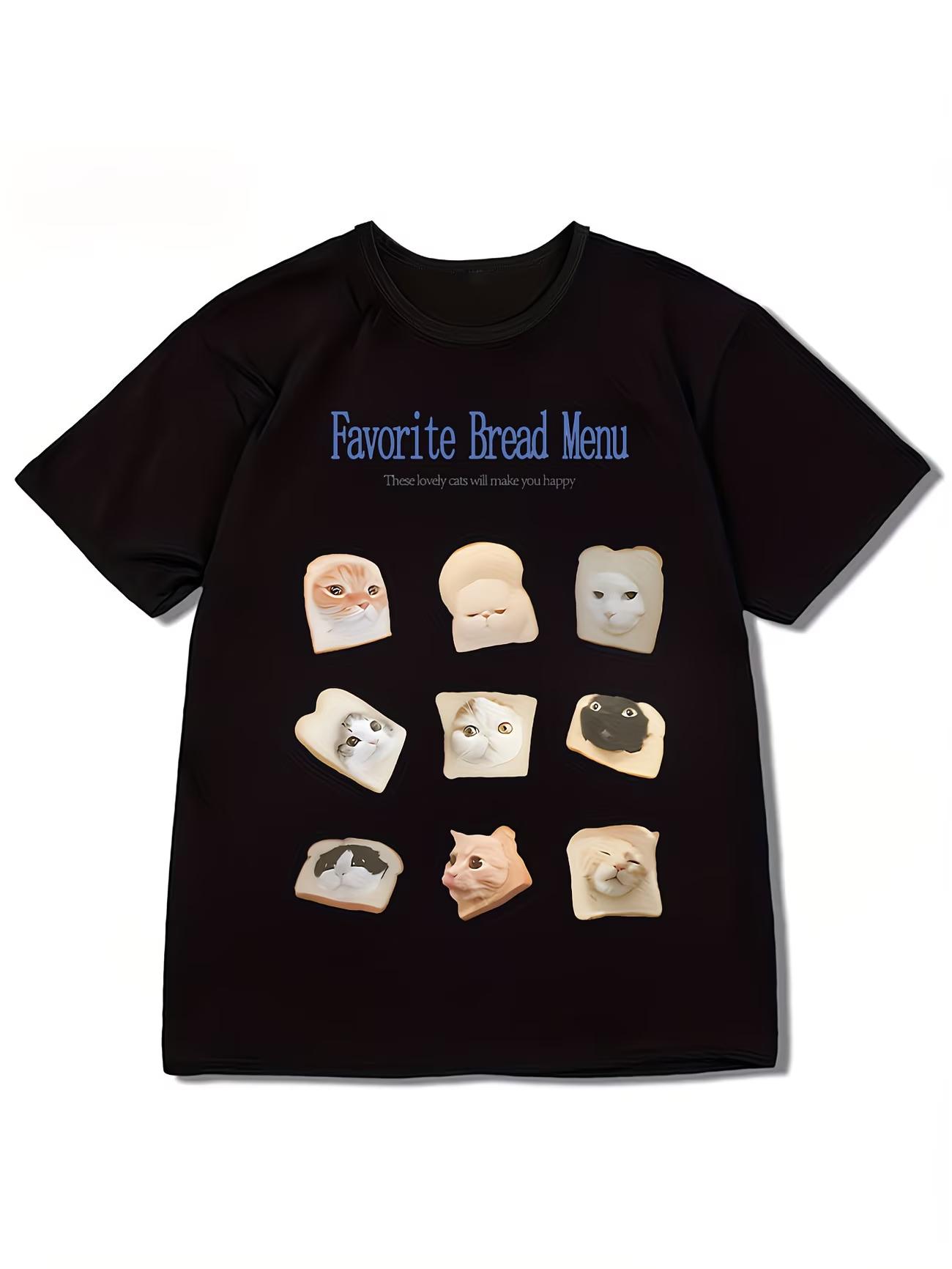 

Harajuku Style Cat Bread Tee Trendy Streetwear Graphic TShirt Cool Animal Print Top Urban Fashion Casual Loose Fit Short Sleeve 4XL