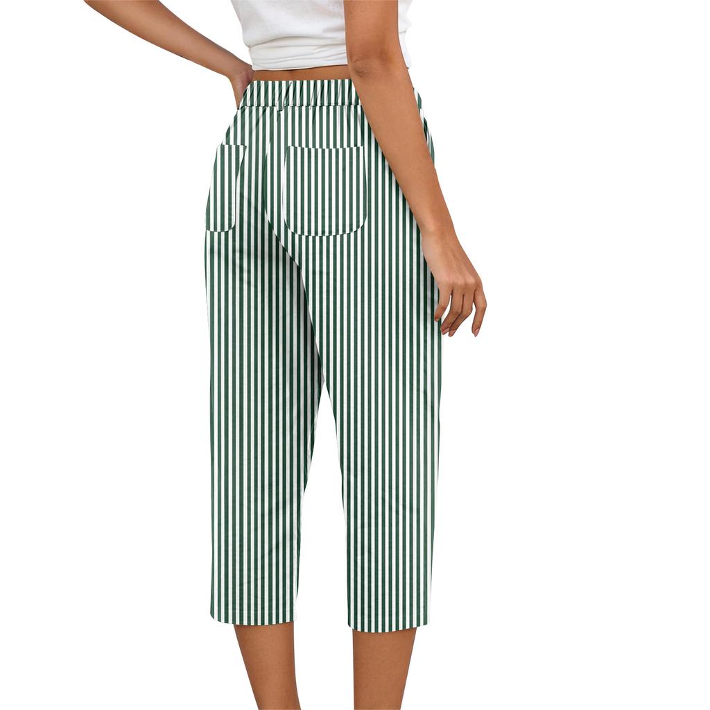 Pantaloni Corti da Donna a Righe Verticali Vita Alta Gamba Larga con Chiusura a Bottone e Tasche Laterali per l'Uso Quotidiano