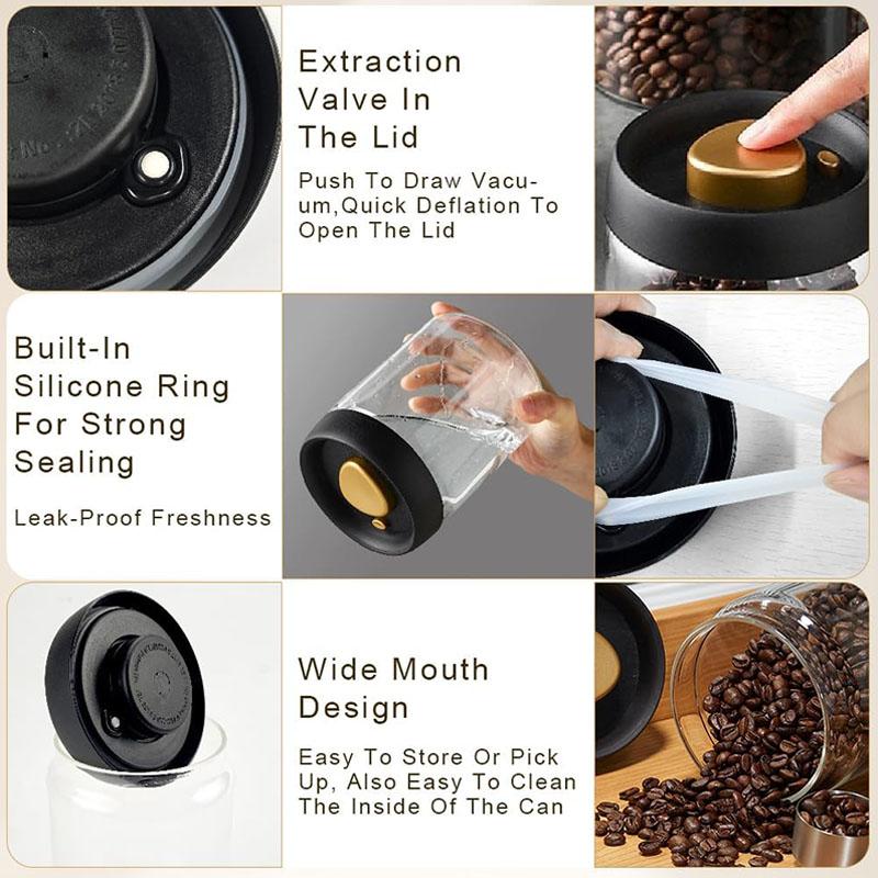 1PC/Coffee Bean Storage Container, Vacuum Glass Jar with Airtight Lid,Borosilicate Glass Coffee Canister Container for Coffee Be
