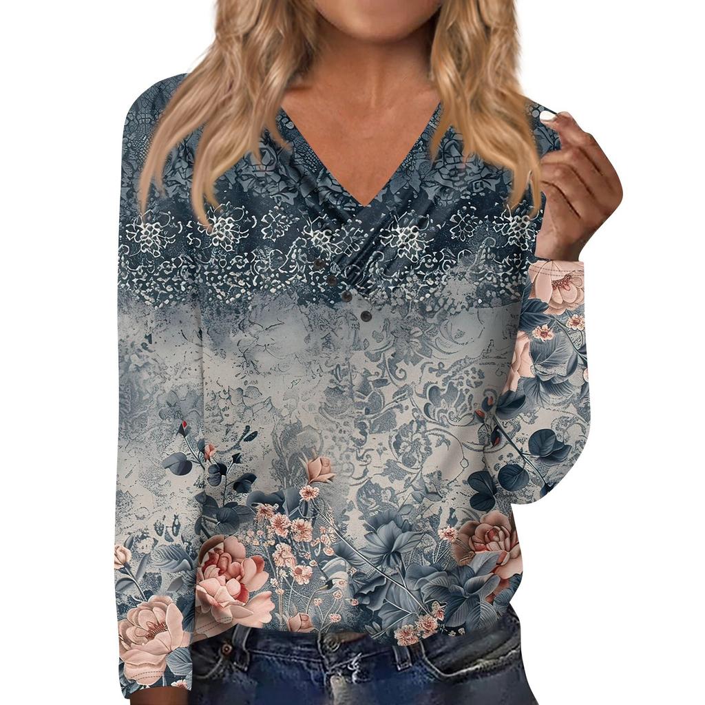 Women's Fashion Casual V Neck Long Sleeve Shirt Loose Button Print Casual T-Shirt Top