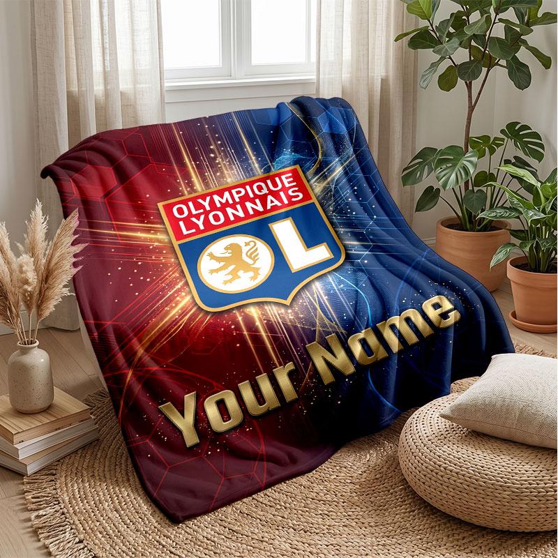 Lyon FC Custom Name Text Flannel Blanket Soccer Logo Personalized Fleece Throw Blanket Special Gift For Sofa Bedroom Home