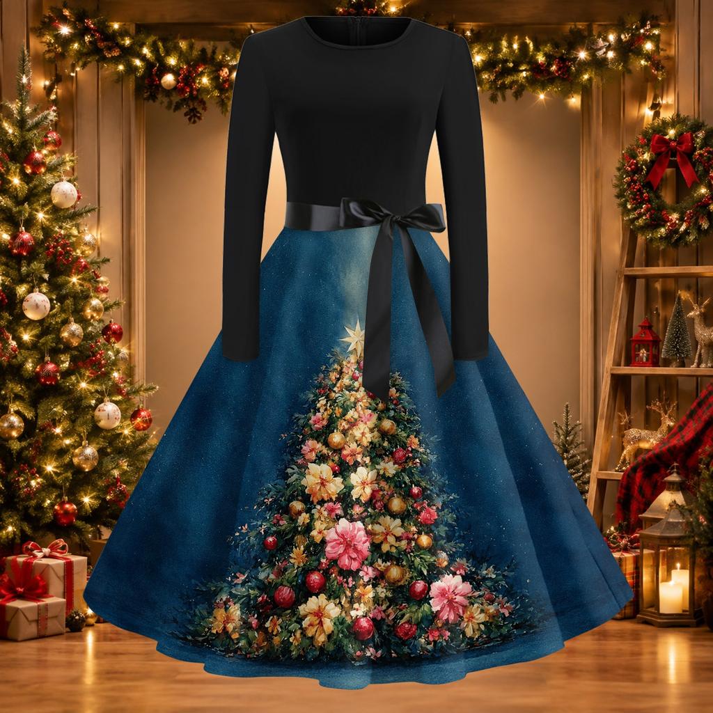 Women's Casual Vintage Christmas Print Neck Dress for Holiday Party
