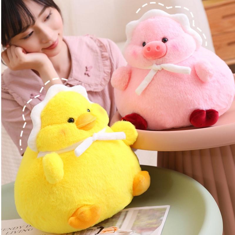 Cute And Fluffy Plush Toy Adorable Fat Duck With Headscarf And Pink Pig Soft And Huggable 30cm