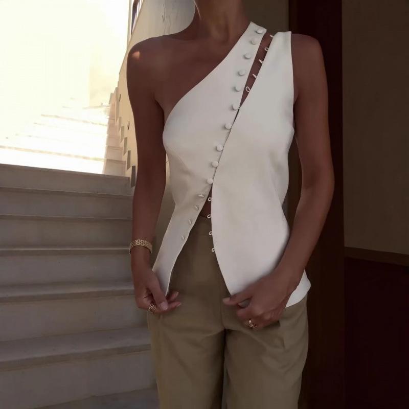 2025 summer new European and American cross-border fashion single shoulder white vest button off-the-shoulder design sexy top