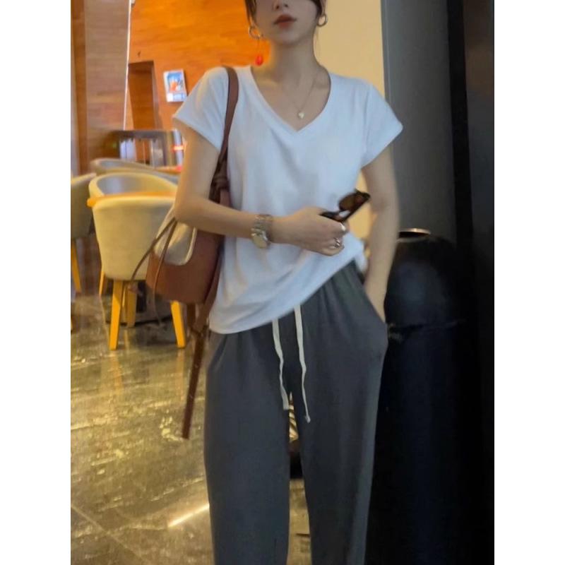 Summer 2026 Women's Slimming Pure White V-Neck Bodycon Casual Short-Sleeve T-Shirt