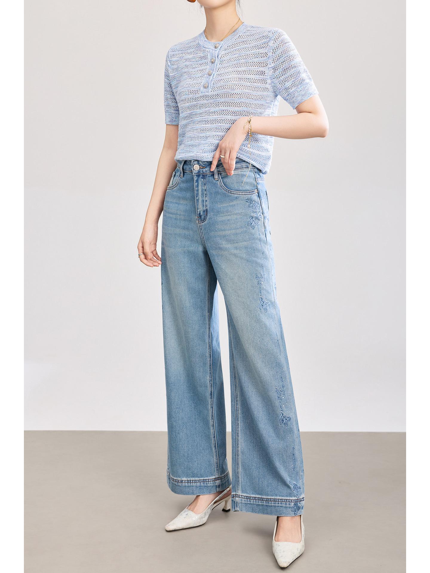 High-Quality Butterfly Embroidery Tencel Cotton Wide-Leg Jeans - Women s Spring/Summer New Arrival 30
