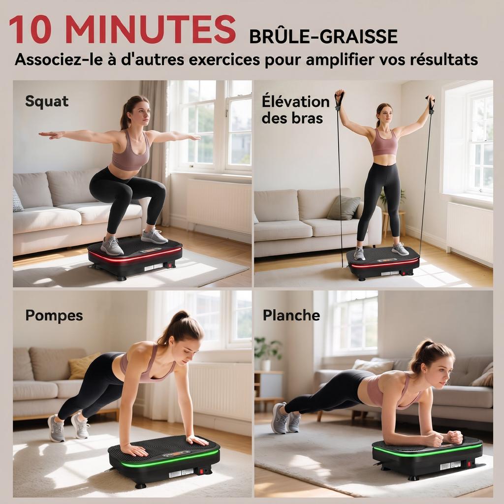 Vibration Plate, Lights, Bluetooth, 3 Programs, 99 Speeds, Remote, 47 x 32 x 12 cm, Black