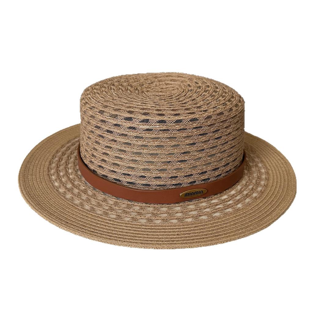 Letter Belt Buckle Breathable Hollow Straw Hat Sunscreen Sunshade Flat Top Top Top Hat Age-reducing Women's Summer Seaside Beach Hat