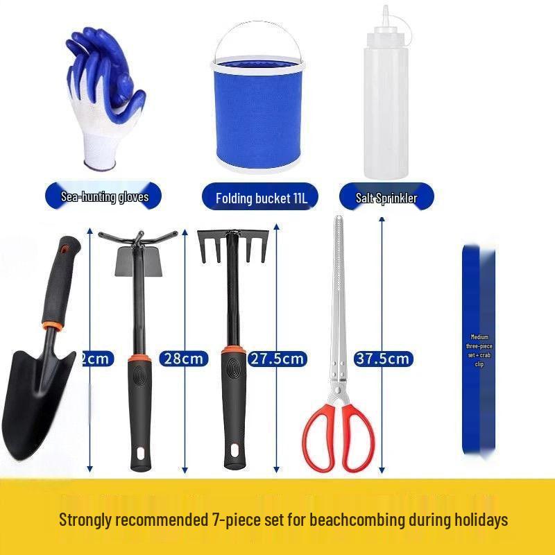 Tide-Chasing Tool Set: Adult Clam & Crab Digger with Gloves, Beach Shovel, Tongs, Kids' Gear, and Sand Rake.