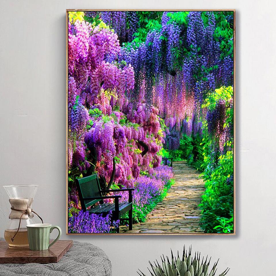 DIY Mosaic Diamond Painting Purple Flowers Embroidery Hummingbird Wall Decor WE