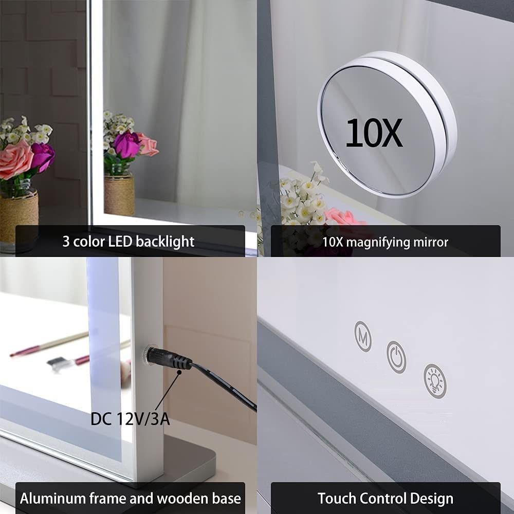 Makeup Mirrors Hollywood Led Makeup Mirror With Smart Touch Control And 3 Colors Dimmable Light (72 X 56 Cm)