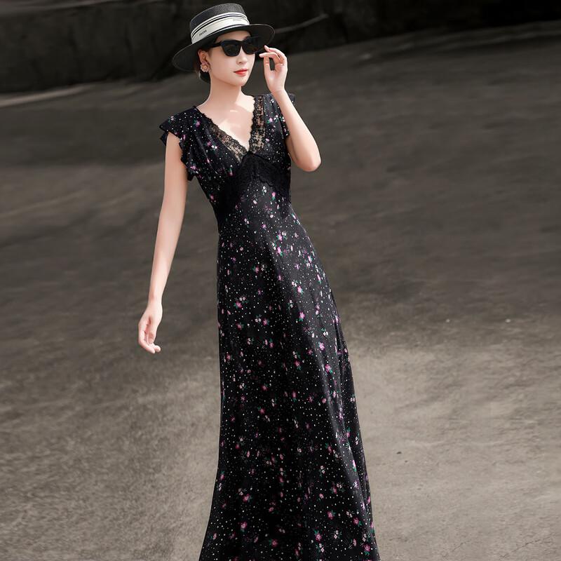Lanseer French Elegant Lace V-Neck Floral Midi Dress