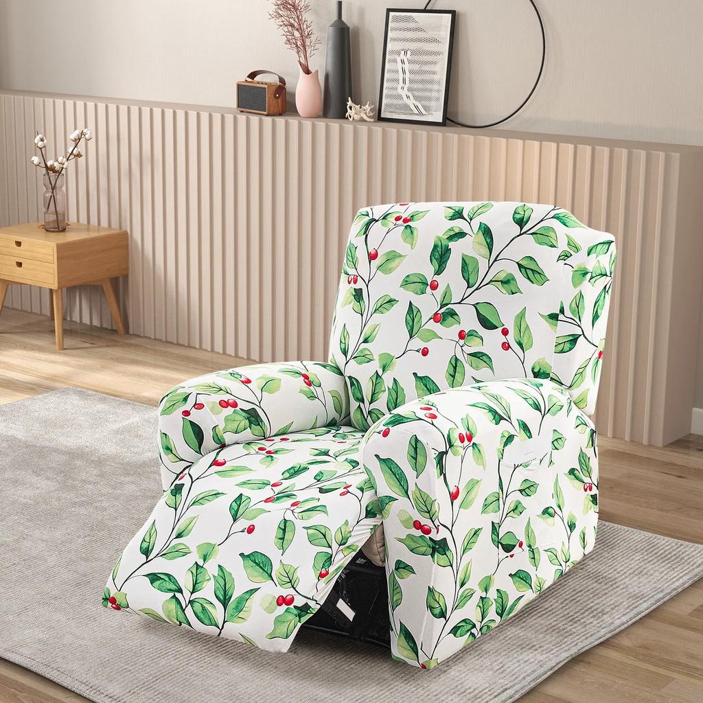 4Pcs Elastic Recliner Sofa Cover Printed Stretch Recliner Slipcovers with Side Pockets Non Slip Sofa Slipcovers for Living Room