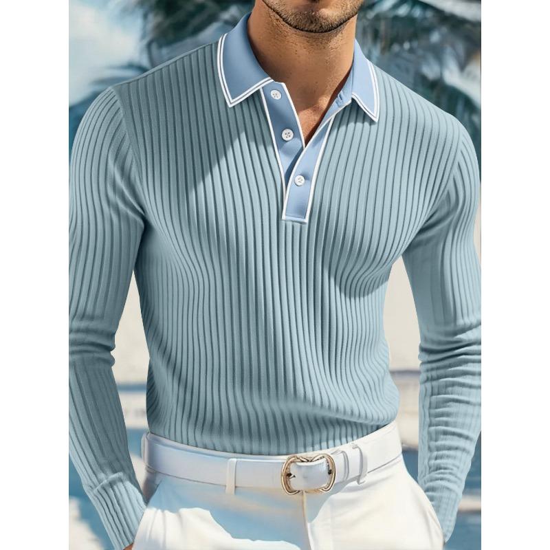 Men's White Ribbed Knit Contrast Trim Long Sleeve Polo Shirt