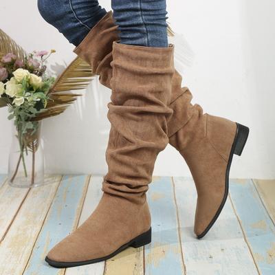 Fashion New Style Popular Pleated Boot Women Faux Suede Flock Knee High Boots Winter Women Fashion Slip On Square Low Heel Knight Boots