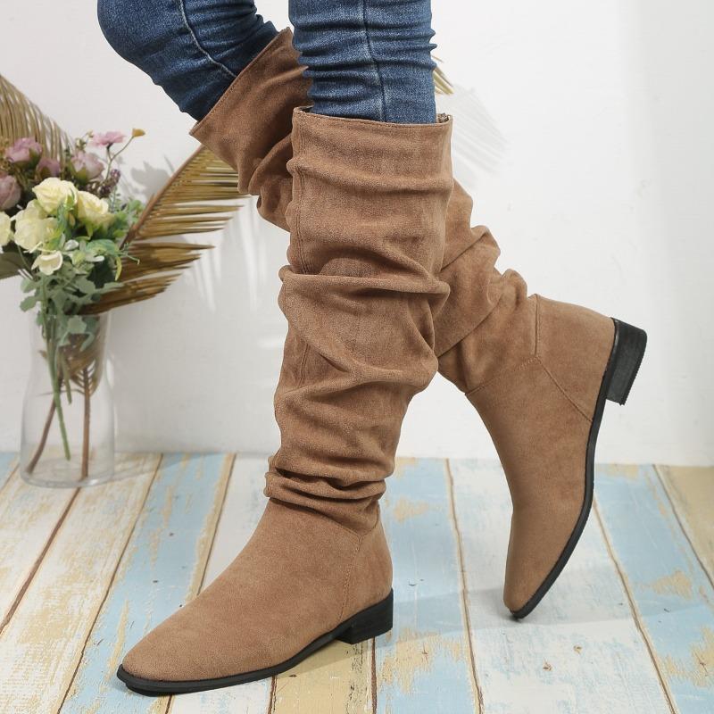 Fashion New Style Popular Pleated Boot Women Faux Suede Flock Knee High Boots Winter Women Fashion Slip On Square Low Heel Knight Boots