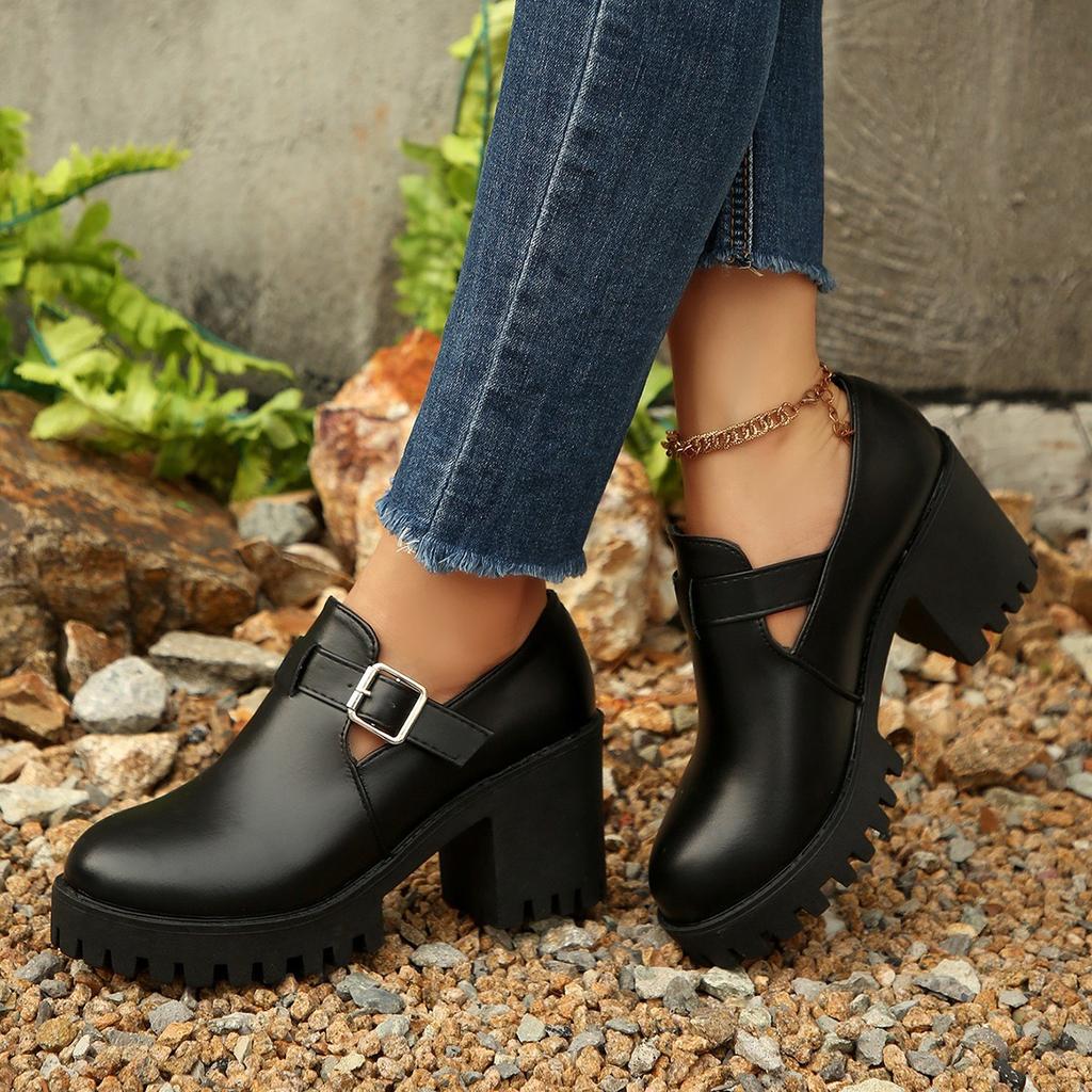 British Style Deep-mouthed Single Shoes Women's 2025 Autumn New Plus-size Retro High-heeled Professional Leather Shoes