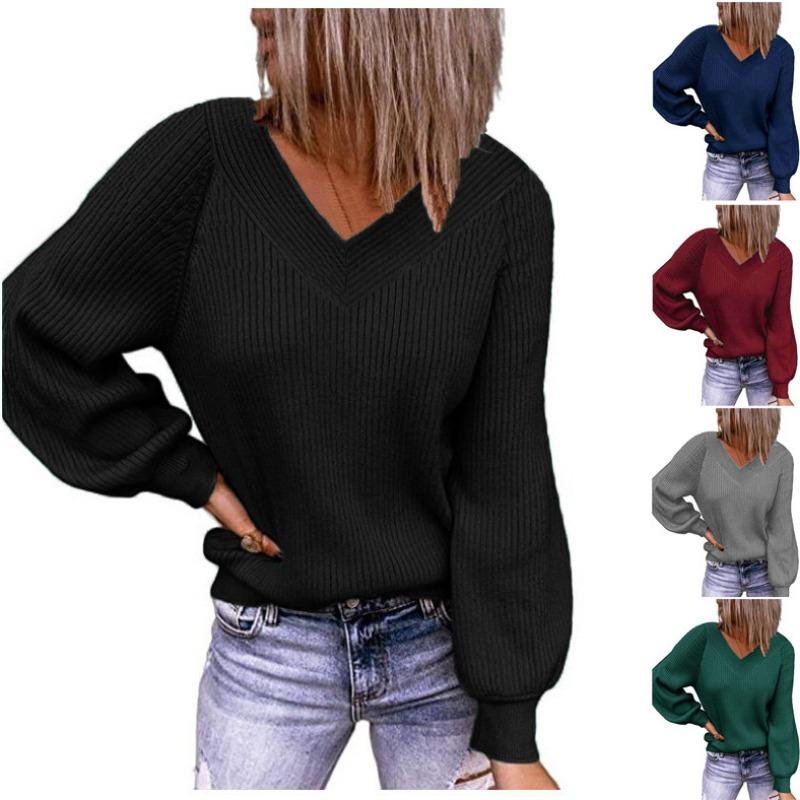 Women S Loose Fit V Neck Solid Color Pullover Knit Sweater
