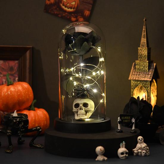 Preserved Black Roses in Glass Dome Halloween Light-up Eternal Flower in Cloche with Skull Pumpkin Statue for Home Kitchen Mantel Tabletop Decor