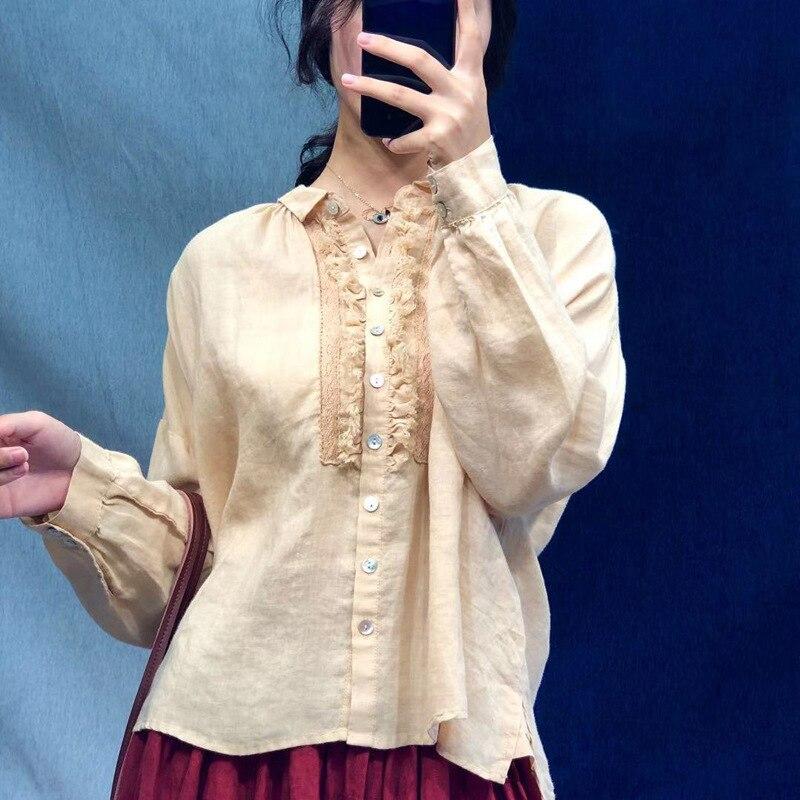 

Johnature винтажные осенние льняные кружевные женские топы, блузки, свободные японские женские рубашки на пуговицах One Size жёлтый/бежевый