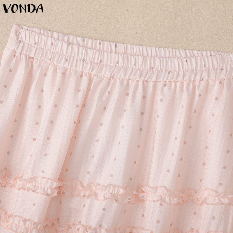 VONDA Women Elastic Waist Polka Dots Casual A-Line Pleated Swing Skirts