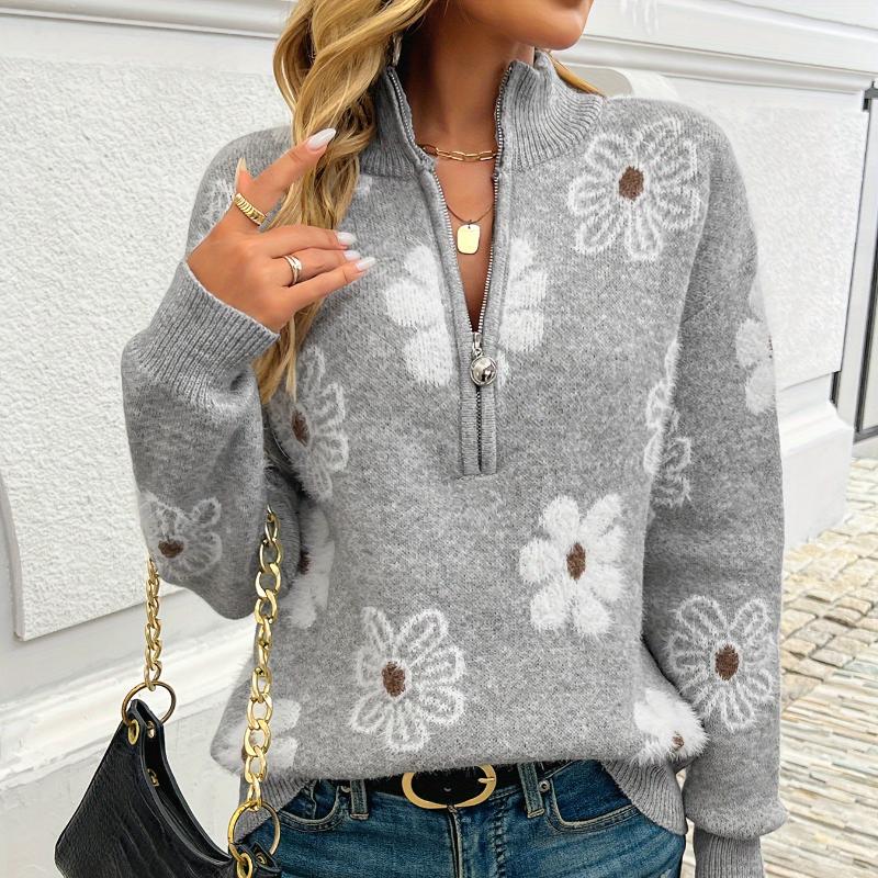 Women's Floral Pattern Half-zip Sweater Winte Warm Print Sweater